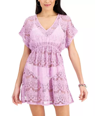 Miken Women's Juniors Lace Cold-Shoulder Swim Cover-Up (Violet Tulle X-Large) • $13.87