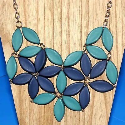 Vintage Floral Bib Necklace Flowers Linked Blue Turquoise Colored Bead Gold Tone • $12.74