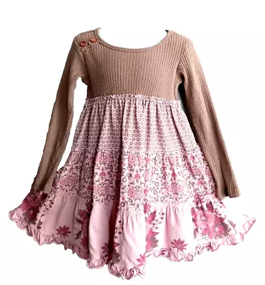 Naartjie Dress 6y High Waist  Ribbed Upper3 Tiers Taupe Pink Floral Corduroy • $7.69