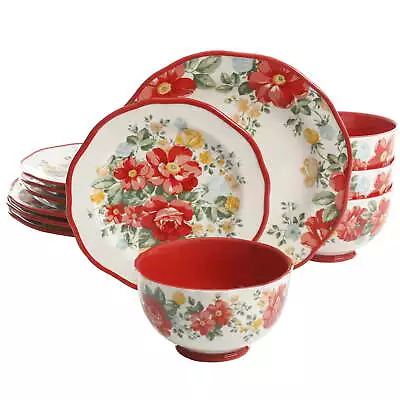 The Pioneer Woman Vintage Floral 12 Pcs Dinnerware Set Red Bowl Plate Set Dining • $50.22