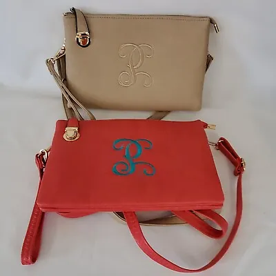 2 Womens Crossbody / Wristlet Handbags Purse With Monogram P Mint Taupe & Coral • $19.99