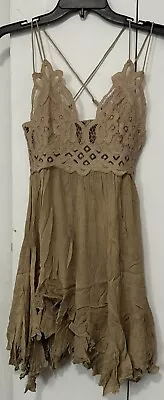 Free People Fp One Adella Slip Mini Dress Beige Lace Ruffle Summer Smocked S • $29.99