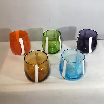 Chic! 5 MURANO GLASS Italy TUMBLERS W Applied White Band Etched MURANO 5 Colors • $60