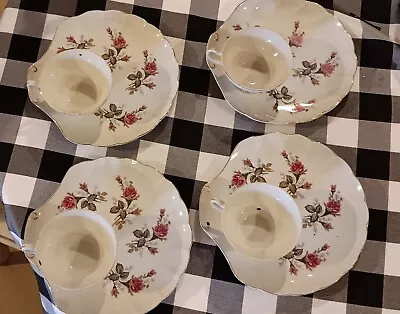 4 Vtg Japan Moss Rose Scalloped Gold Rim Luncheon/Snack Set Cup/Plate Unmarked • $39.99