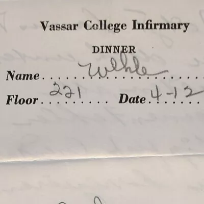 Vintage 1944 Vassar College Infirmary Dinner Menu Poughkeepsie New York #2 • $15.50