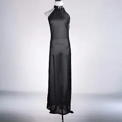 Vintage Bodycon Sheer Bondage Dress Size L Mesh Vinyl Lock Collar Back Slit Maxi • $120