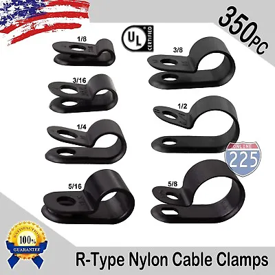 50 EACH 1/8 3/16 1/4 5/16 3/8 1/2 5/8 INCH BLACK NYLON R-TYPE CABLE CLAMPS 350pc • $28.75