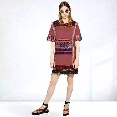 ZARA Tribal Native American Shift Dress Ethnic Embroidered Geometric Red Large • $26.95