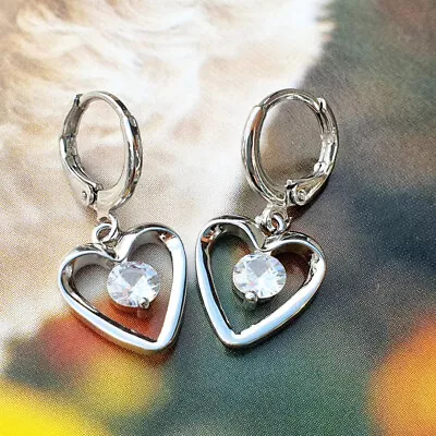 925 Sterling Silver Plated CZ Love Heart Dangle/Drop Hoop Earrings Women Gift • £3.56