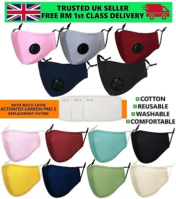 Unisex Cotton Fabric Face Mask Washable Reusable Air Valve & PM2.5 Filters Adult • £3.99