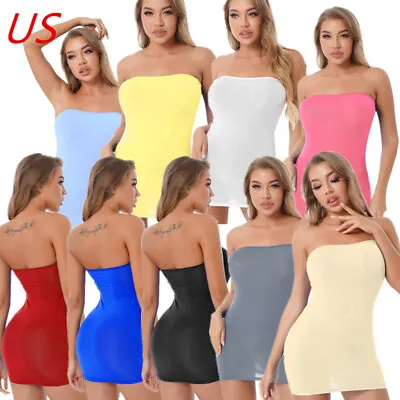 US Women Stretchy Bodycon Dress Sheer Mesh Bandeau Shiny Tube Top Mini Nightwear • $4.92
