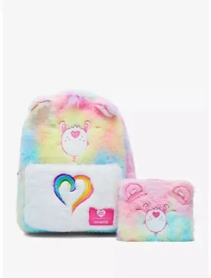 Loungefly Care Bears Pastel Rainbow Fuzzy Mini Backpack & Flap Wallet MSRP $83 • $45.99