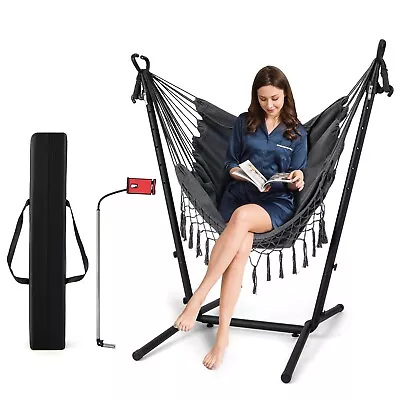 Hammock Chair With Stand Height Adjustable Hanging Chair W/ Phone Holder Pillow • £76.95