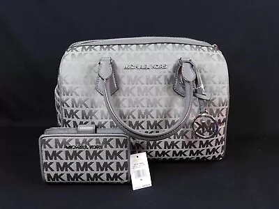 Michael Kors BEDFORD Lg Duffle Purse Heather Grey MK Logo & Card Case Wallet NWT • $289.95