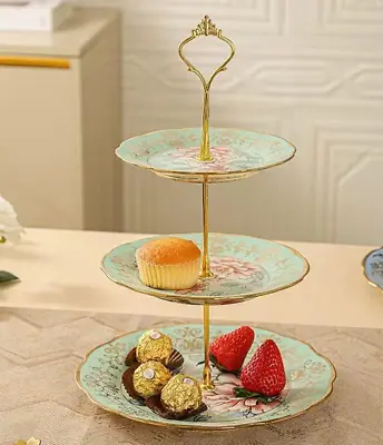 3 Tier Ceramic Vintage Cake Stand With Beautiful Classic Rose Pattern Food Rack • $42.40