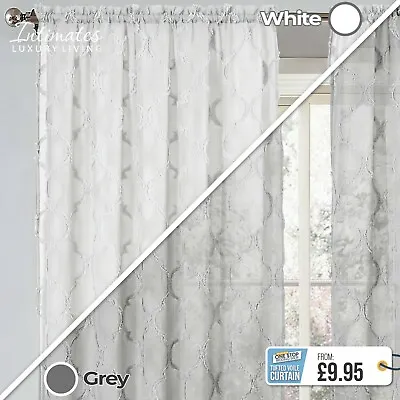 Luxury TUFTED LACE Sheer Voile Curtain Panel SLOT TOP / ROD POCKET White Grey • £11.50