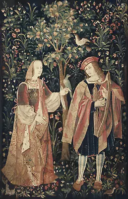 Lovely Medieval Flemish Tapestry: Courtly Love Amidst Millefleur Garden RE528952 • $14.97