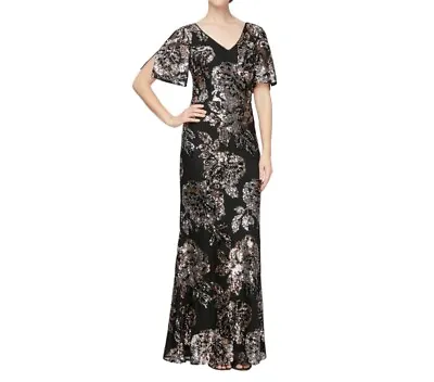 Alex Evenings Womens 12 Black Floral Sequins Maxi Dress Cold Shoulder Vneck • £118.27