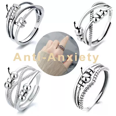 Women Adjustable Anti Anxiety Rings 925 Silver Stress Relief Spinner Fidget Ring • £4.49