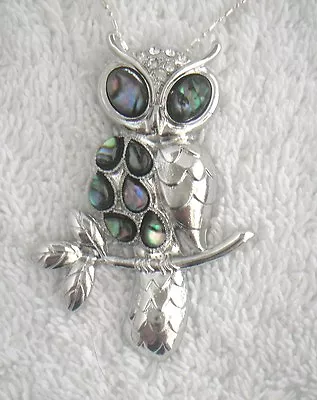 Necklace/Pendant Owl Abalone Shell New W/ Chain & Box Rhinestone Shell Eyes • $12.99