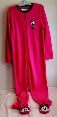 DISNEY Minnie Mouse Fleece Footed Pajamas Pink One Piece Women's Size S/M Zipped • $19.99