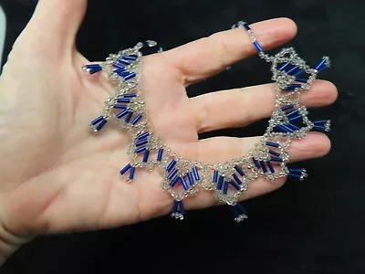 Vintage 1930's Art Deco Hand Made Blue & Clear Seed Bead Bib Necklace • $17.99