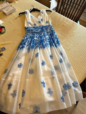 Vintge 1950s Over Five-seven Shop Blue White Cocktail Tea Length Dress Ball Gown • $149.99