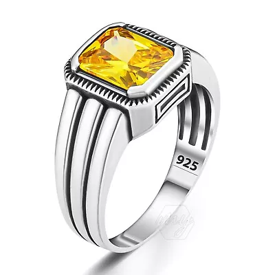 925 Sterling Silver Yellow Octagon Citrine Stone Turkish Men's Ring • $39.90