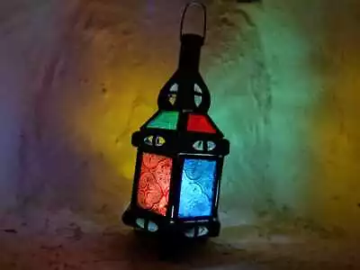 Metal Lantern With Coloured Glass And Hanging Loop From Morocco - 20-25cm • $49