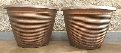 PAIR (2) XL COPPER RECYCLED Plastic Planter Pot Round Garden Outdoor Patio Tub • £0.99