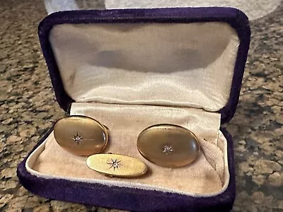 Vintage Gold And Diamond Cufflinks And 10 K Gold Tie Clip Set • $200