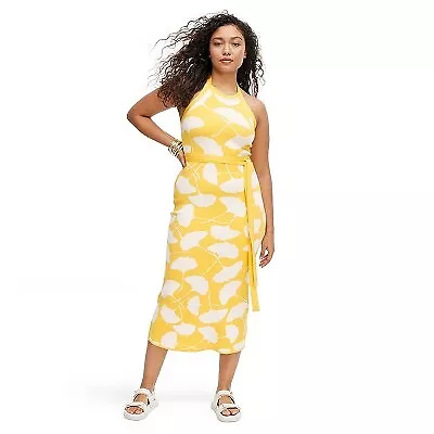 Women's Halter Tie Neck Ginkgo Yellow Sweaterknit Midi Dress - DVF XXS • $15.99