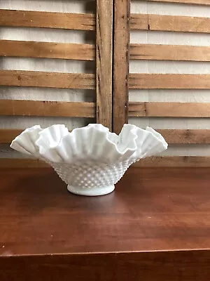 Unsigned White Milk Glass Ruffled Hobnail Bowl Dish Approx 10.5” By 4.5” • $15.99