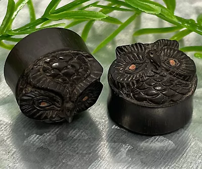 PAIR Carved Owl Ebony Wood Style Plugs Organic Earlets Gauges Body Jewelry • $19.95