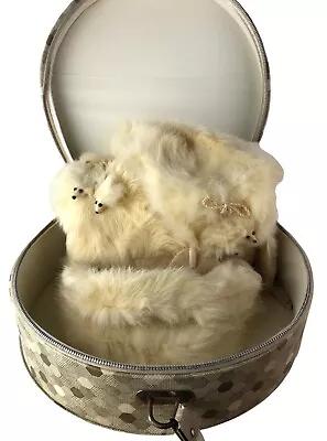 Vintage White Fur Hand Warmer Muff Earmuffs Headband Set With Faux Fox Heads • $22.99