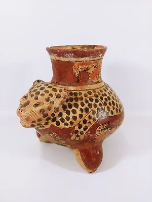 Antique Mayan / Aztec 3D Pottery Vase Vessel Cat Cheetah Leopard Panther 9  Tall • $623.20