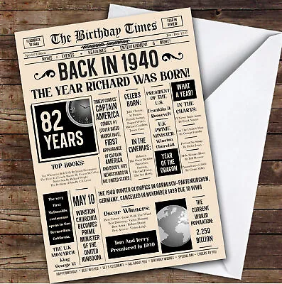 1940 Newspaper Any Age Any Year You Were Born Facts Personalised Birthday Card • £6.59