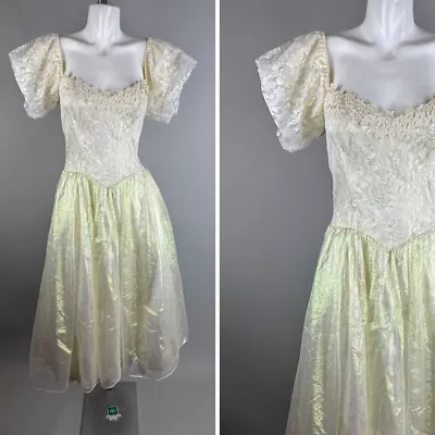 Vtg 90s Gunne Sax White Iridescent Fairycore Lace Bodice Party Prom Dress 7 • $89.99