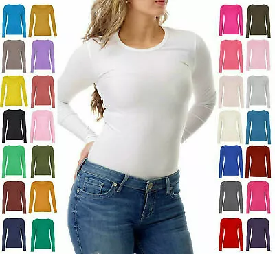 Ladies Women Plain Long Sleeve Crew Neck Casual Stretchy Tee T-Shirt Top New UK • £5.75