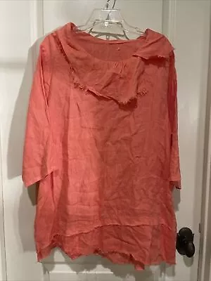 Match Point Raw Hems 3/4 Sleeve Linen Tunic Top Lagenlook Womens XL Orange Peach • $29.99