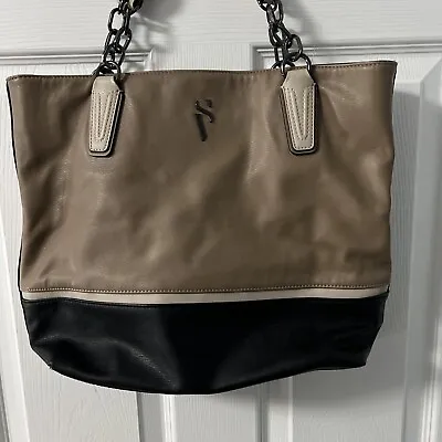 Simply Vera Vera Wang Large Tote/purse Tan/black/bone Faux Leather Very Good G28 • $12.74