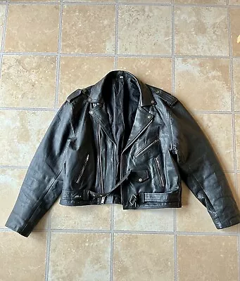 Vintage Leather Biker Belted Black Jacket “Schott Perfecto” Style 50 • $80