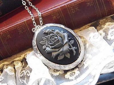 ROCKABILLY GREY GRAY GOTHIC ROSE STEAMPUNK  PHOTO Cameo Necklace Locket BOX BLK • $21.90