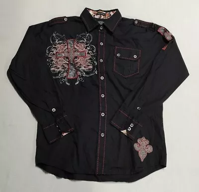 Lamasini Men’s Medium  Button Up Shirt Western Embroidered Black Red • $14.99