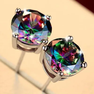 Lab Created 2Ct Round Mystic Fire Topaz Solitaire Stud Earrings In 925 Silver • $45.99