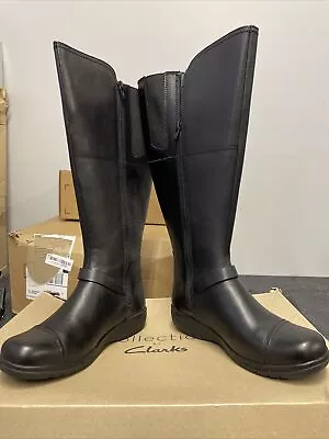 Clarks Emslie March Black Leather Cuir Noir Women Hight Boot US 6 M Brand New • $30