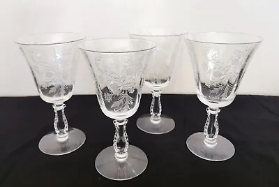 4 Fostoria Crystal Heather 6 1/2  9 Oz. Low Water Goblets Etched Floral Chintz • $40.50