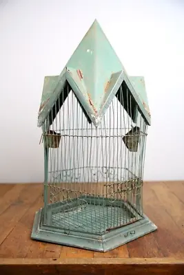 Antique Bird Cage Whimsical Bird House Green Wood Base Vintage Tin Metal Roof • $175