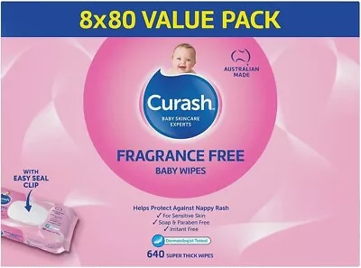 Curash Fragrance Free Baby Wipes 640 Wipes (8 X 80 Pack) - Free Shipping • $28.95