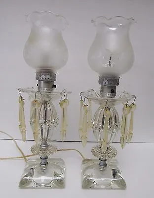 VINTAGE Glass Crystal Electric Hurricane Frosted Shade Table Mantle Lamp (2) • $118